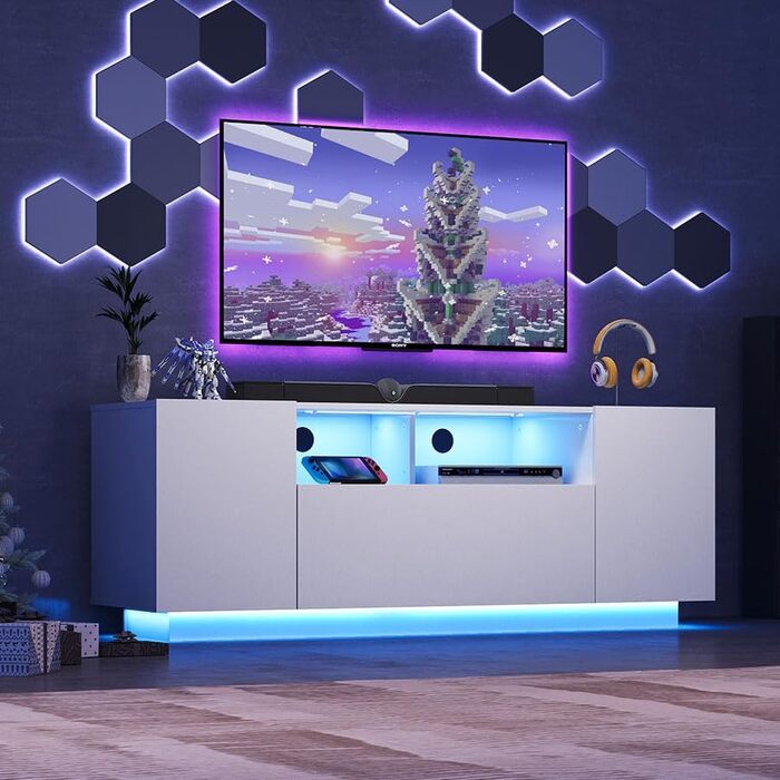 Тумба під телевізор WLIVE з LED підсвіткою, глянцева, 122x36x45 см - 20 кольорів, шафи та відкриті полиці, відкидні дверцята, біла