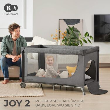 Дитяче ліжечко Kinderkraft JOY 2 в 1, дорожнє та класичне, з колесами, компактне, сучасний дизайн, темно-сірий