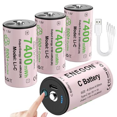 Акумулятори ENEGON Li-Ion C (LR14) 1.5V 7400mWh з USB-C портом для зарядки, фіолетові, 4 шт. в комплекті