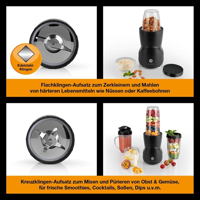 Блендер KOCHWERK Smoothie Maker 12-в-1, 4 чаші, To-Go кришка, подрібнення льоду, для фруктів, овочів і горіхів, міні-стаціонарний, BPA-Free, чорний