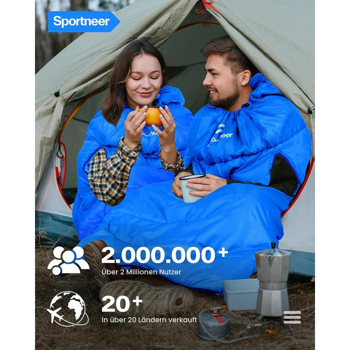 Спальний мішок Sportneer Outdoor (ковдра-спальник) 220×85 см, синій, температурний режим +10...+26 °C, з отворами для рук, 1.5 кг