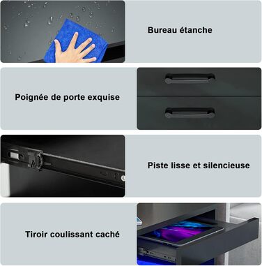 Прикроватна тумба Lvhecforhm з LED-підсвіткою, USB та розетками, чорна, з висувною шухлядою і відкритими полицями, 40x35x60 см