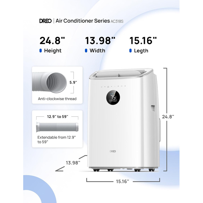 Мобільний кондиціонер DREO AC319S 8000 BTU (3-в-1: охолодження, вентиляція, осушення) з керуванням через додаток, голосове керування, без дренажу, комплект для вікна, білий