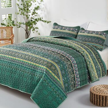 Покривало WONGS BEDDING 200x220 см, стьобане, 3 предмети, мікрофібра, зелений, з 2 наволочками 50x75, для двоспального ліжка та дивана, Boho стиль