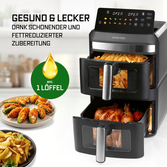Аерофритюрниця GOURMETmaxx AirGenius 10L з двома камерами (2x5Л), сенсорним керуванням та 10 програмами приготування, для 8 осіб