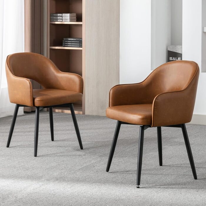Комплект з 2 стільців для їдальні Chairus, обертові на 360°, м'які кухонні крісла з підлокітниками, PU шкіра, для дому, офісу, вітальні, коричневі, 53x58x78 см
