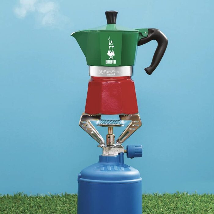 Кавоварка Bialetti Moka Express Italia, 3 чашки, алюмінієва, червоно-зелено-срібляста, класична еспресо-турка для плити
