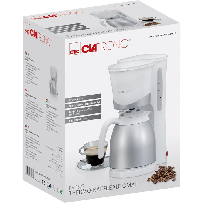Кавоварка Clatronic KA 3327 з термокухлем, фільтраційна, 1 л, 8-10 чашок, авто-вимкнення, біла