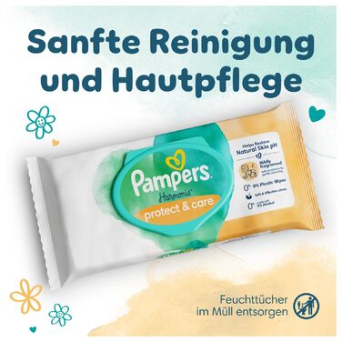 Дитячі вологі серветки Pampers Harmonie Protect & Care з календулою, 396 шт (9 упаковок по 44 шт)