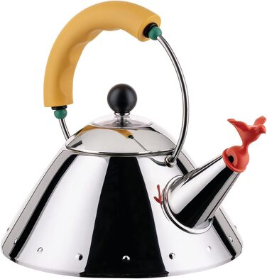 Чайник для індукційної плити Alessi 9093/1 LAZ, нержавіюча сталь 18/10, полірована, з ручкою та свистком у формі пташки, жовтий