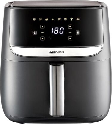 Аерофритюрниця MEDION E50 XL, 5,7 л, 1700 Вт, цифрова панель, 8 програм, без олії, таймер 30 хв, захист від перегріву, чорна
