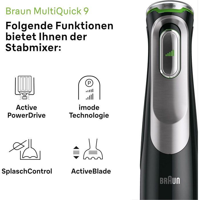 Блендер Braun MultiQuick 9 MQ 9147X 5-в-1, 1200 Вт, з насадками для подрібнення, пюре та збивання, чорний/нержавійка