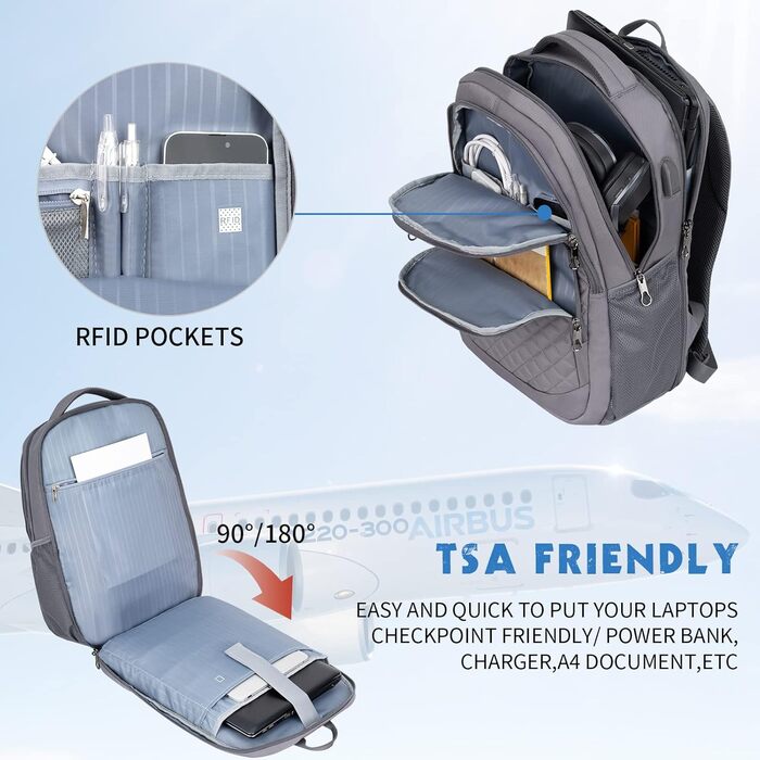 Великий водонепроникний рюкзак для ноутбука 17,3'' KROSER з USB, RFID, для подорожей, бізнесу, навчання, чоловіків і жінок, сірий