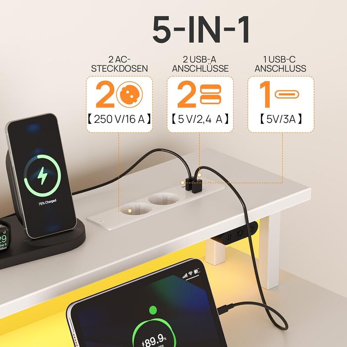 Письмовий стіл Rolanstar з розеткою, 5 шухлядами, LED підсвіткою, органайзером та підставкою під монітор - білий кутовий стіл для дому та геймінгу
