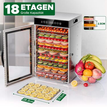 Сушарка для продуктів Kwasyo Edelstahl 750W з 18 рівнями, цифровим таймером, регулюванням температури та захистом від перегріву. Професійна дегідратор для фруктів, овочів, м'яса