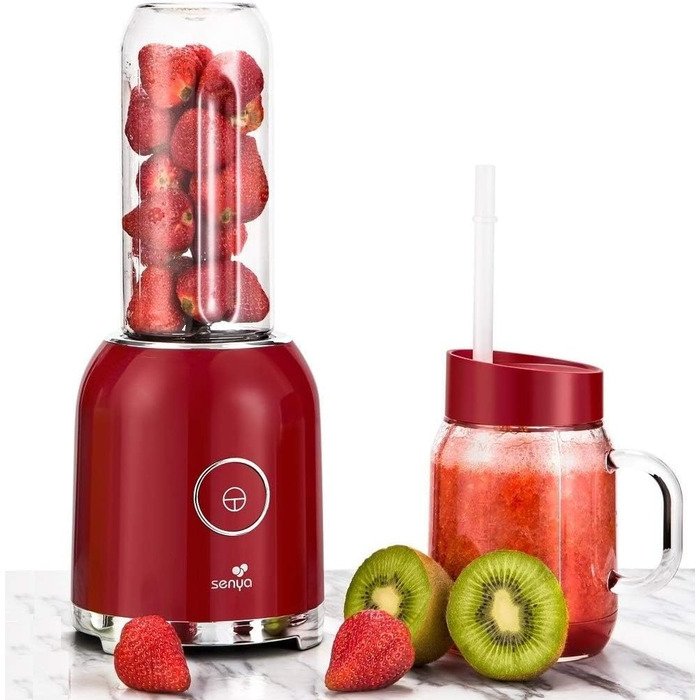 Стаціонарний блендер Senya Juicy Delight 250 Вт, 2 портативні пляшки, 6 лез з нержавіючої сталі, BPA-free, червоний