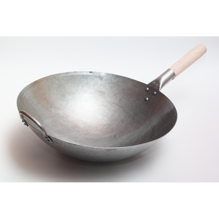 Велика важка ручна сковорода-вок із вуглецевої сталі Craft Wok 40 см з дерев'яною та сталевою ручкою, кругле дно