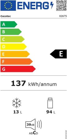 Холодильник Cecotec Bolero CoolMarket TT 107 L Black: міні-холодильник, клас E, регулювання температури, контейнер Crisper, морозильна камера, тиха робота