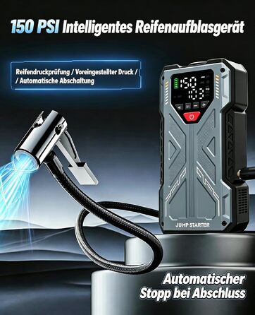 Пусковий пристрій (бустер) для авто Starthilfe 8000A з компресором 150 PSI, Powerbank 12V для бензинових та дизельних двигунів до 10л, LED-дисплей, сірий