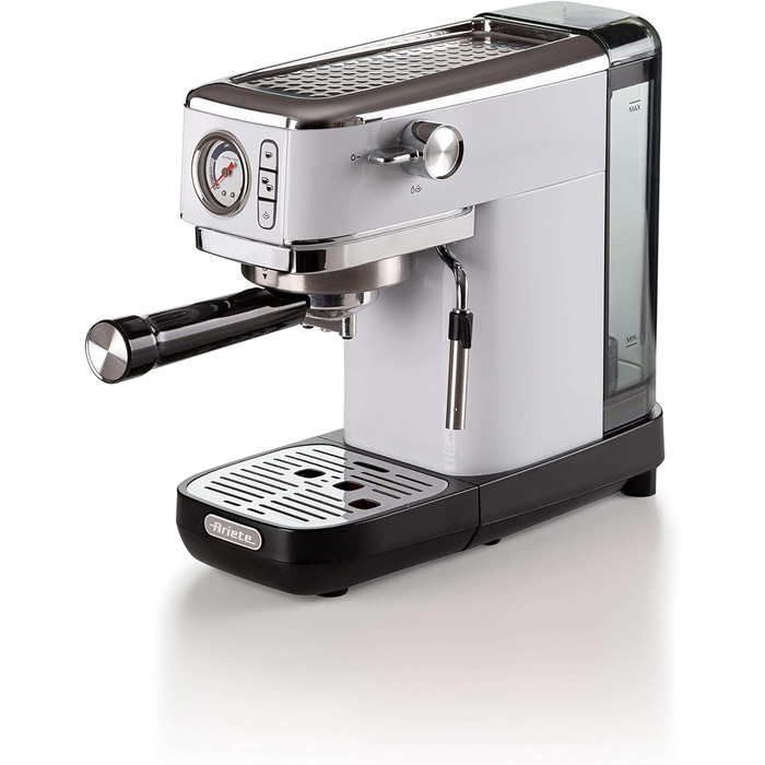 Кавомашина еспресо Ariete Slim Metal 1381 с манометром, 15 бар, для кави в зернах та ESE-падів, капучинатор, 1300 Вт, срібляста