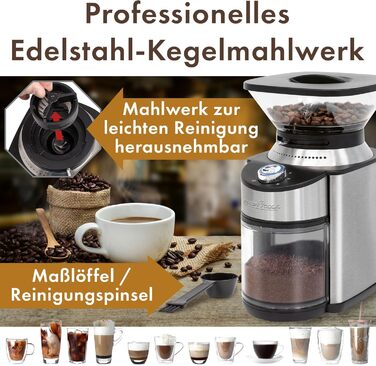 Електрична кавомолка ProfiCook PC-EKM 1205, 200 Вт, 16 режимів помелу, конічні жорна з нержавіючої сталі, таймер, до 230 г кавових зерен