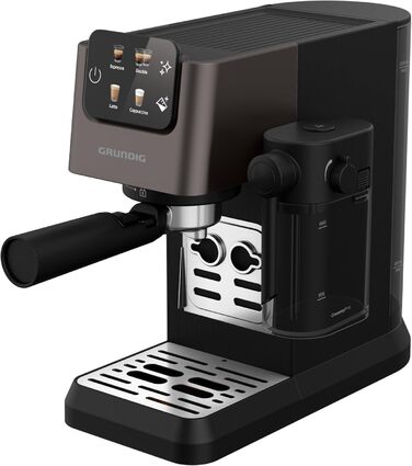 Еспресо-кавоварка GRUNDIG KSM 5330 з молочним контейнером, 1628 Вт, 15 бар, двійна насадка, сенсорний дисплей, BrewSense, CreamyPro, нержавіюча сталь/чорна