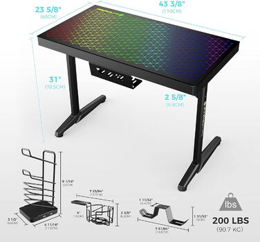 Ігровий стіл EUREKA ERGONOMIC RGB 110 см з підсвічуванням, 110 x 60 см