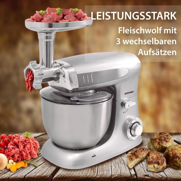 Кухонна машина Syntrox Germany Deluxe 1300 Вт, міксер і м’ясорубка 2-в-1, з аксесуарами, срібляста