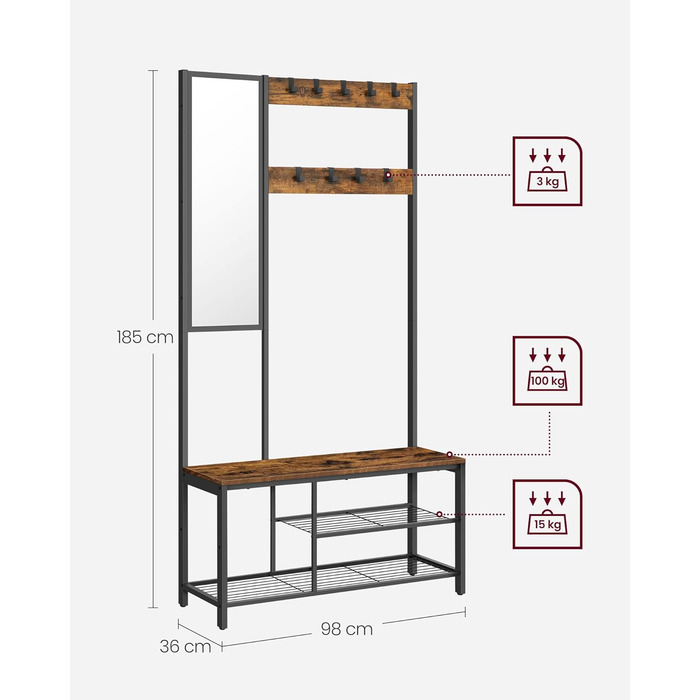 Стійка для одягу VASAGLE з дзеркалом та банкеткою, 35 x 98 x 180 см, для передпокою, спальні, вітальні, індустріальний дизайн, вінтажний колір, HSR415B01