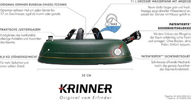 Підставка для ялинки KRINNER PREMIUM L зелена з педальним керуванням та тросовою системою. Безпечна дзвіночок для ялин висотою до 2,7м. Зроблено в Німеччині.