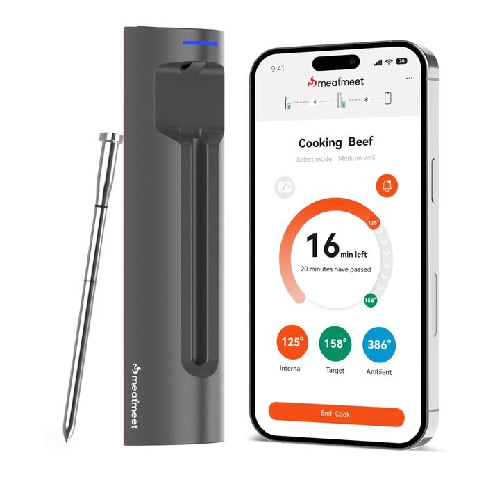 Бездротовий термометр для м'яса S Pro з Bluetooth, 6 датчиків, ±0,1°C, моніторинг через додаток, таймер, будильник, IP69 водонепроникний та олієстійкий