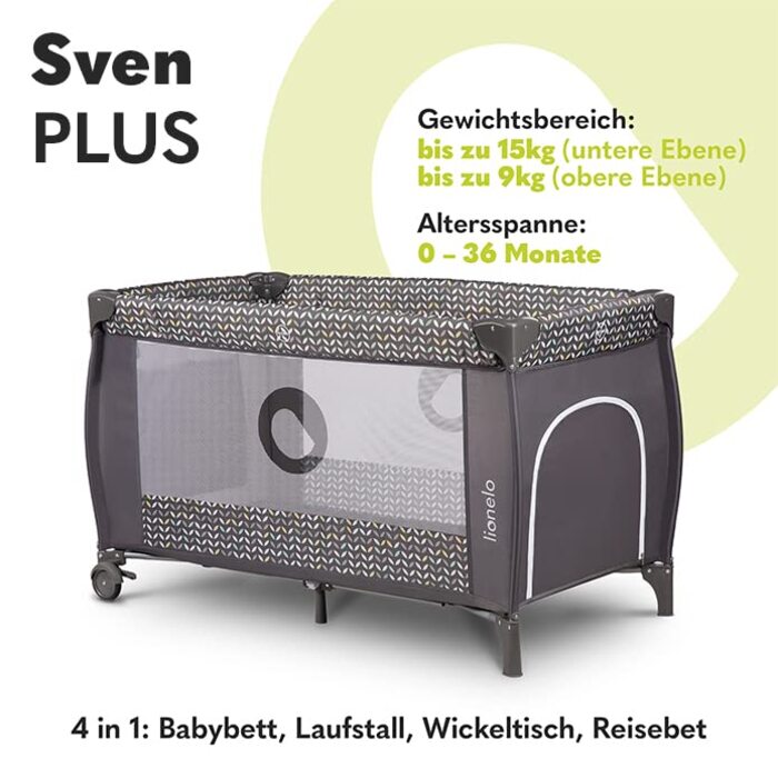 Дитяче ліжечко-манеж Lionelo Sven Plus 4 в 1 з пеленатором, москітною сіткою, бічним входом і сумкою, для дітей від народження до 15 кг, складане