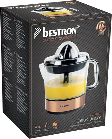 Цитрусовий прес електричний Bestron Black & Wood, 0.7 л, мідний, 2 конуси, аромакришка, двосторонній рух