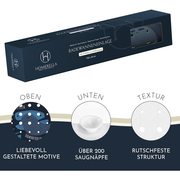 Дитячий килимок для ванни Homerella, антиковзний, 100% BPA Free, 100x40 см, з 2 гачками, гіпоалергенний, стійкий до плісняви, можна прати, темно-синій з морським дизайном