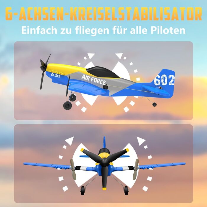 RC літак HAWK'S WORK P-51D Mustang 2.4GHz, готовий до польоту, 6-осьовий гіростабілізатор, синій - для дітей та початківців