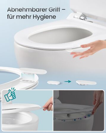 Кришка для унітаза SONGMICS з мікроліфтом (D-подібна, коротка), матеріал Urea-Duroplast, біла, витримує до 300 кг, зі швидким монтажем та ручкою