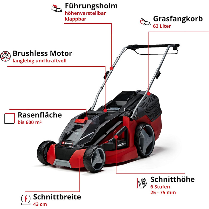 Акумуляторна газонокосарка Einhell GE-CM 43 Li M Kit Power X-Change 36В, безщіткова, ширина косіння 43 см, для газонів до 600 м², з мульчуванням, кошик 63 л, висота 25-75 мм, 2 акумулятори 4.0 А·год та 2 зарядні пристрої