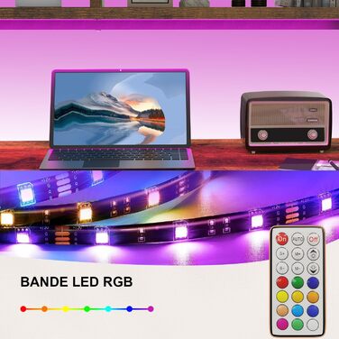 Ігровий стіл Devoko з LED-підсвіткою, кутовий комп'ютерний стіл 160x120 см з розетками, USB-портами, полицями, сталевий каркас, вінтажно-коричневий