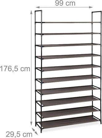 Стелаж для взуття Relaxdays XXL, 10 рівнів, 50 пар, тканинний, 176,5x99x29,5 см, коричневий/чорний