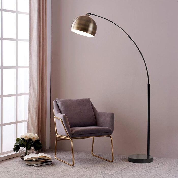 Торшер Teamson Home Arquer з арочною LED-дугою, чорний, із мармуровою підставкою та латунним абажуром для вітальні чи їдальні, сучасний дизайн