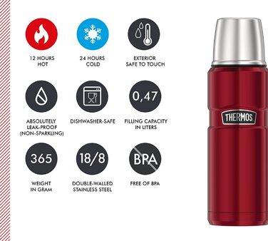 Термос Thermos Stainless King 470 мл, нержавіюча сталь, кранбері, без ручки, тримає тепло 12 годин, холод 24 години, BPA-Free, з кришкою-дозатором