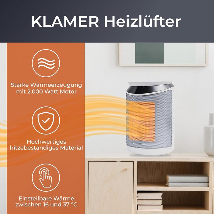 Керамічний обігрівач KLAMER 2000 Вт, енергозберігаючий, 3 режими нагріву з еко-режимом, таймер до 9 годин, термостат, захист від перегріву та перекидання, з пультом ДУ, для приміщень, білий