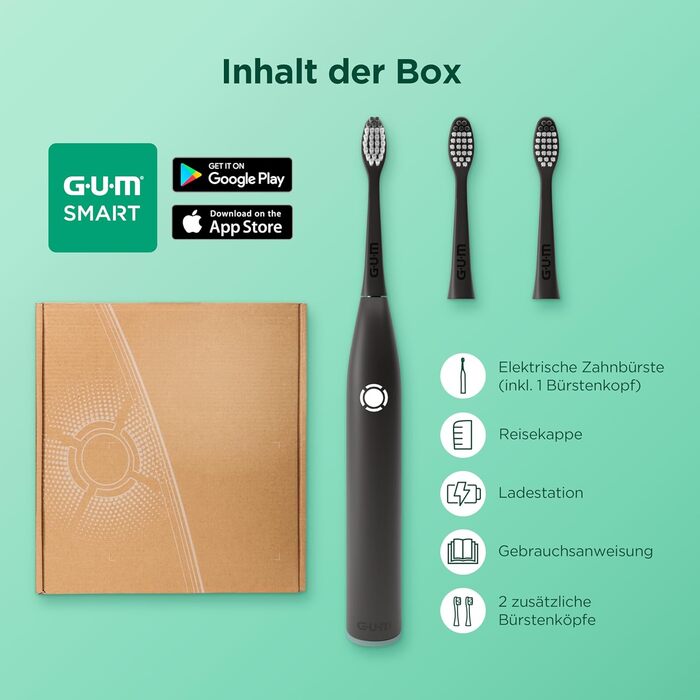 Електрична зубна щітка GUM SMART ONE з контролем швидкості, таймером, 4 режимами чищення, акумулятором до 6 тижнів та додатковими насадками (3 шт) м'ятно-зеленого кольору
