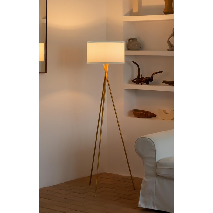Сучасна торшерна лампа Home Sweet Home, золота, метал, LED E27 9Вт 2700K, тринога, білий абажур, для вітальні та спальні