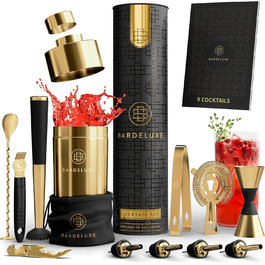 BarDeluxe 12-елементний набір для коктейлів, набір бармена з шейкером 750 мл із нержавіючої сталі, преміум подарунковий набір для приготування коктейлів з сумкою, глибоке золото