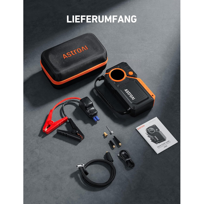 Пусковий пристрій AstroAI Starthilfe Powerbank для авто 8000А з компресором, помаранчевий