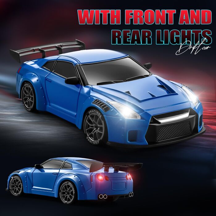 RC Drift Car ACAMMZAR 1:24, 4WD, 20 км/год, з LED підсвіткою, 2 акумулятори, для дітей від 4 років та дорослих - блакитний S815
