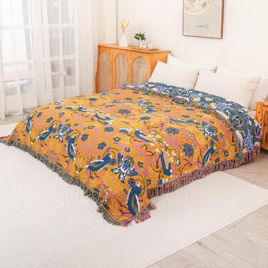 Плед Boho з 100% бавовни, стиль кантрі, 150х200 см (Птахи та квіти)