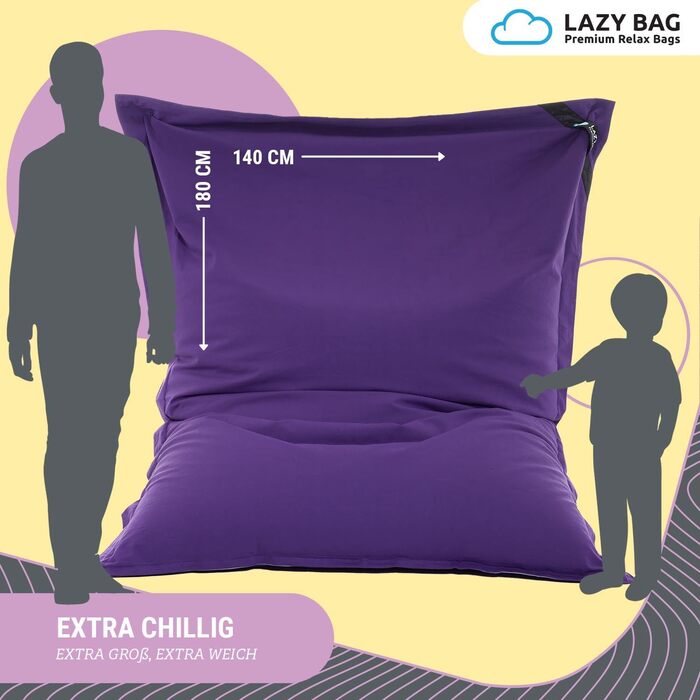 LAZY BAG Великий крісло-мішок Classic XXL 140x180 см | Крісло-мішок 2-в-1 для відпочинку та лежання | Зручні моменти в приміщенні та на вулиці завдяки 4 млн EPS-кульок для ідеальної ергономіки | Прачний чохол (бавовна, фіолетовий)