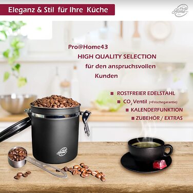 Контейнер для кави Pro@Home43 1,5 л, нержавіюча сталь, герметичний, з календарем, чорний, з мірною ложкою, у подарунковій коробці
